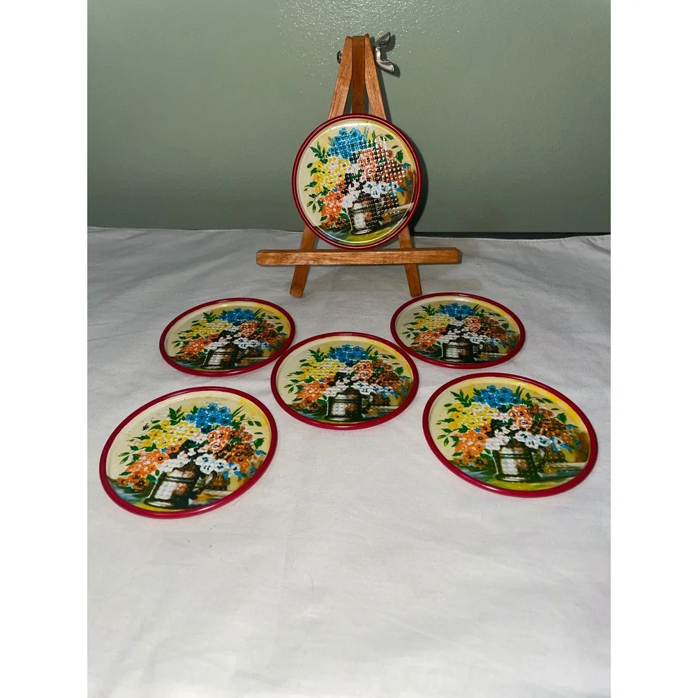 Vintage Metal Floral Coaster Set of 6 Red Rim Retro Mid Century Cottagecore